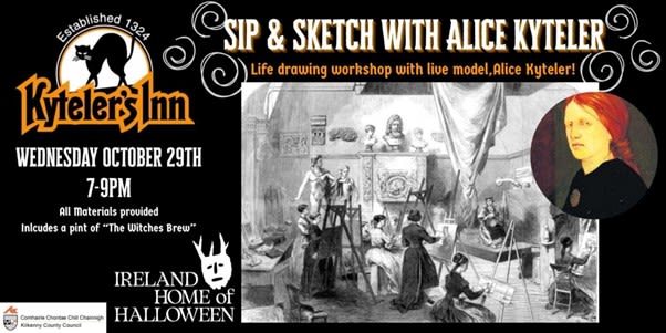 Poster for Sip & Sketch event showing a photograph of people sketching